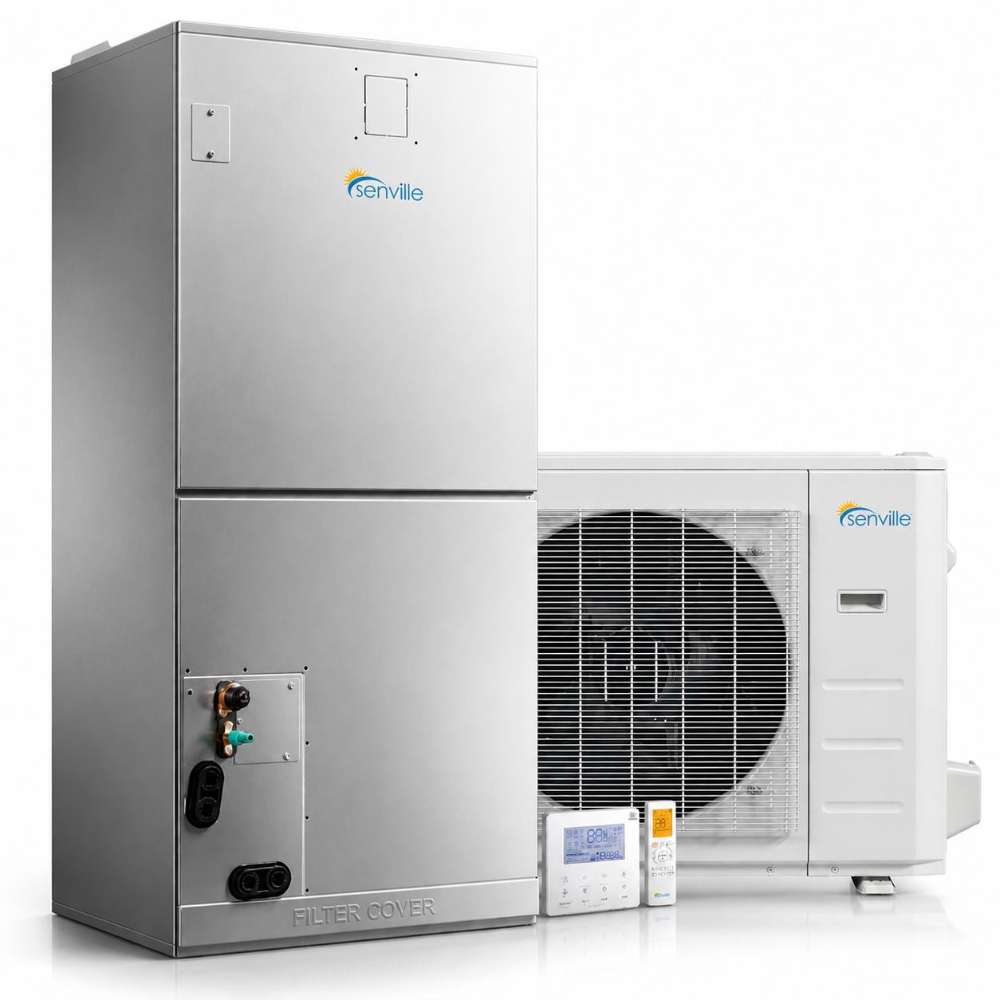 Senville 48000 BTU Central Air Conditioner Heat Pump System - SENDC-48HF indoor air handler and outdoor condenser with wireless controller