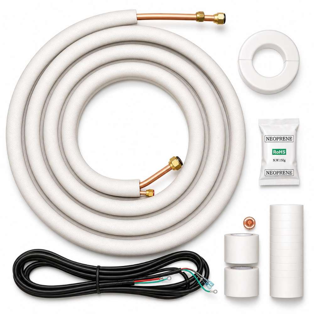 Senville 50ft. Insulated Line Set - 1/4'' and 3/8" coiled insulated copper refrigerant line set with wiring, tape, wall cover, sealant, and installation accessories
