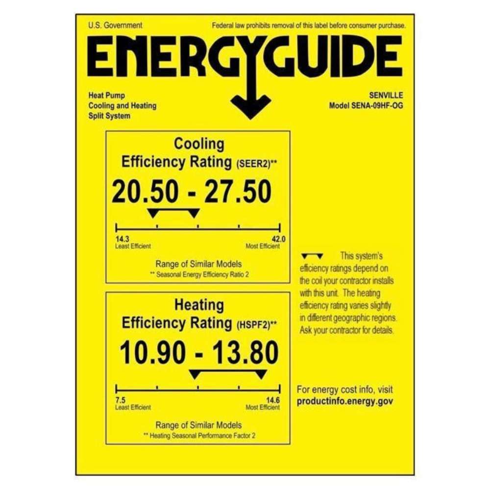 Senville 6000 BTU 1-Way Cassette Air Conditioner - Heat Pump - SENA-06HF-1WC EnergyGuide label with high-efficiency SEER2 and HSPF2 ratings