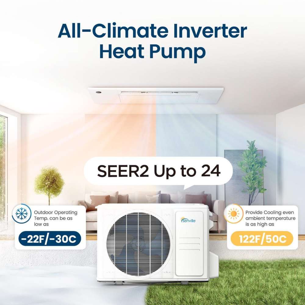 Senville 6000 BTU 1-Way Cassette Air Conditioner - Heat Pump - SENA-06HF-1WC all-climate heat pump with SEER2 up to 24 and extreme temperature performance