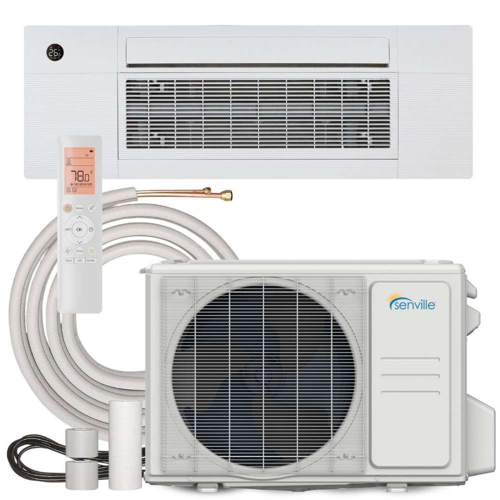 Senville 6000 BTU 1-Way Cassette Air Conditioner - Heat Pump - SENA-06HF-1WC complete mini split system with indoor unit, condenser, and remote
