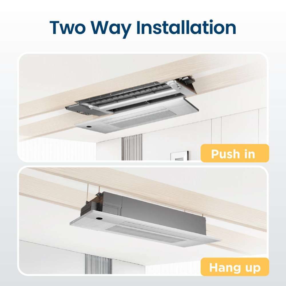 Senville 6000 BTU 1-Way Cassette Air Conditioner - Heat Pump - SENA-06HF-1WC showing flexible push-in and suspended ceiling installation option
