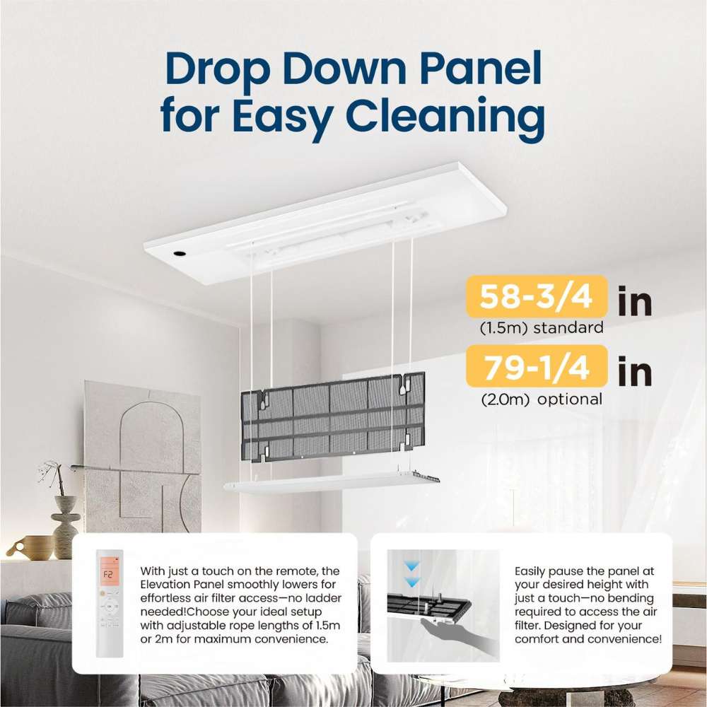 Senville 9000 BTU 1-Way Cassette Air Conditioner - Heat Pump - SENA-09HF-1WC with a drop-down panel for easy filter cleaning