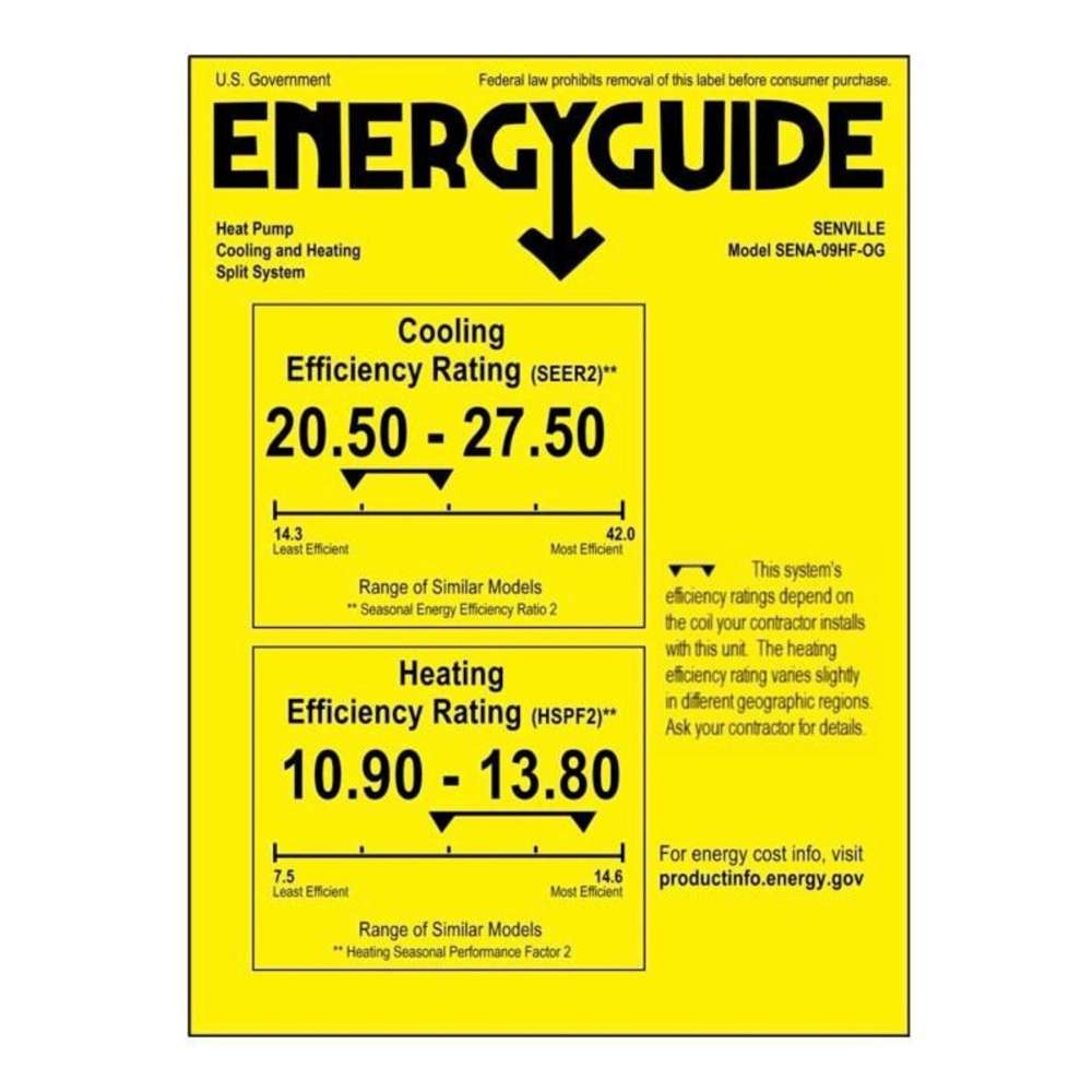 Senville 9000 BTU Ceiling Cassette Air Conditioner - Heat Pump - SENA/09HF/IC EnergyGuide label showing high-efficiency cooling and heating ratings
