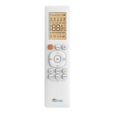 Senville Remote Control (IQ) with a large LCD display and clearly labeled buttons for power, mode, fan speed, swing, turbo, LED, humidity, and temperature control