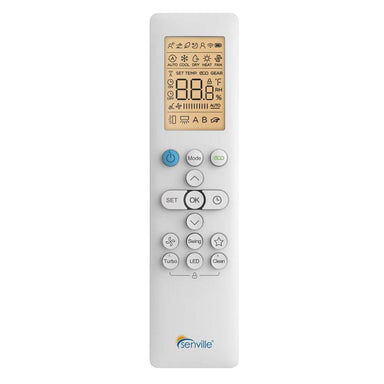 Senville Remote Control (IY) with a backlit LCD display and clearly labeled buttons for power, mode, temperature, fan, swing, turbo, LED, and clean functions