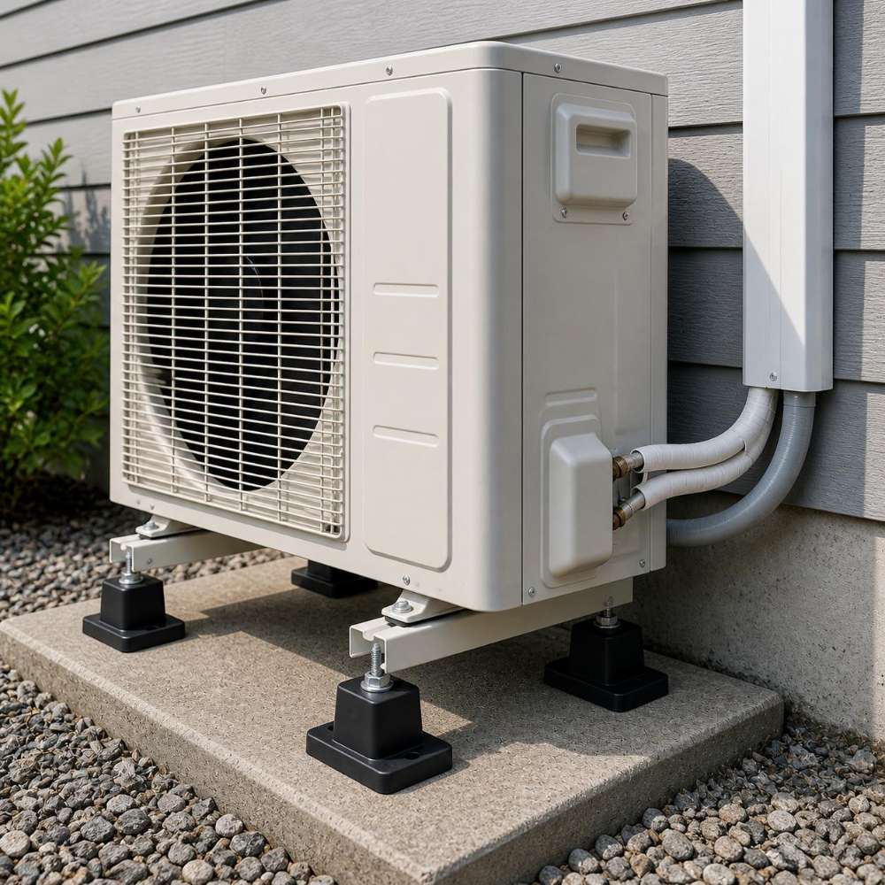 Senville Rubber Pads for Mounting Mini Split AC Condenser installed beneath an outdoor mini split unit to reduce vibration and provide stable support