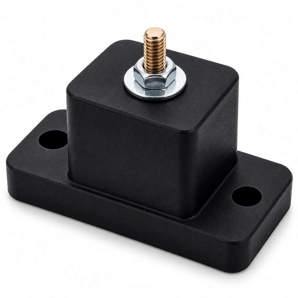 Senville Rubber Pads for Mounting Mini Split AC Condenser shown as a black anti-vibration mounting pad with a threaded bolt and two mounting holes