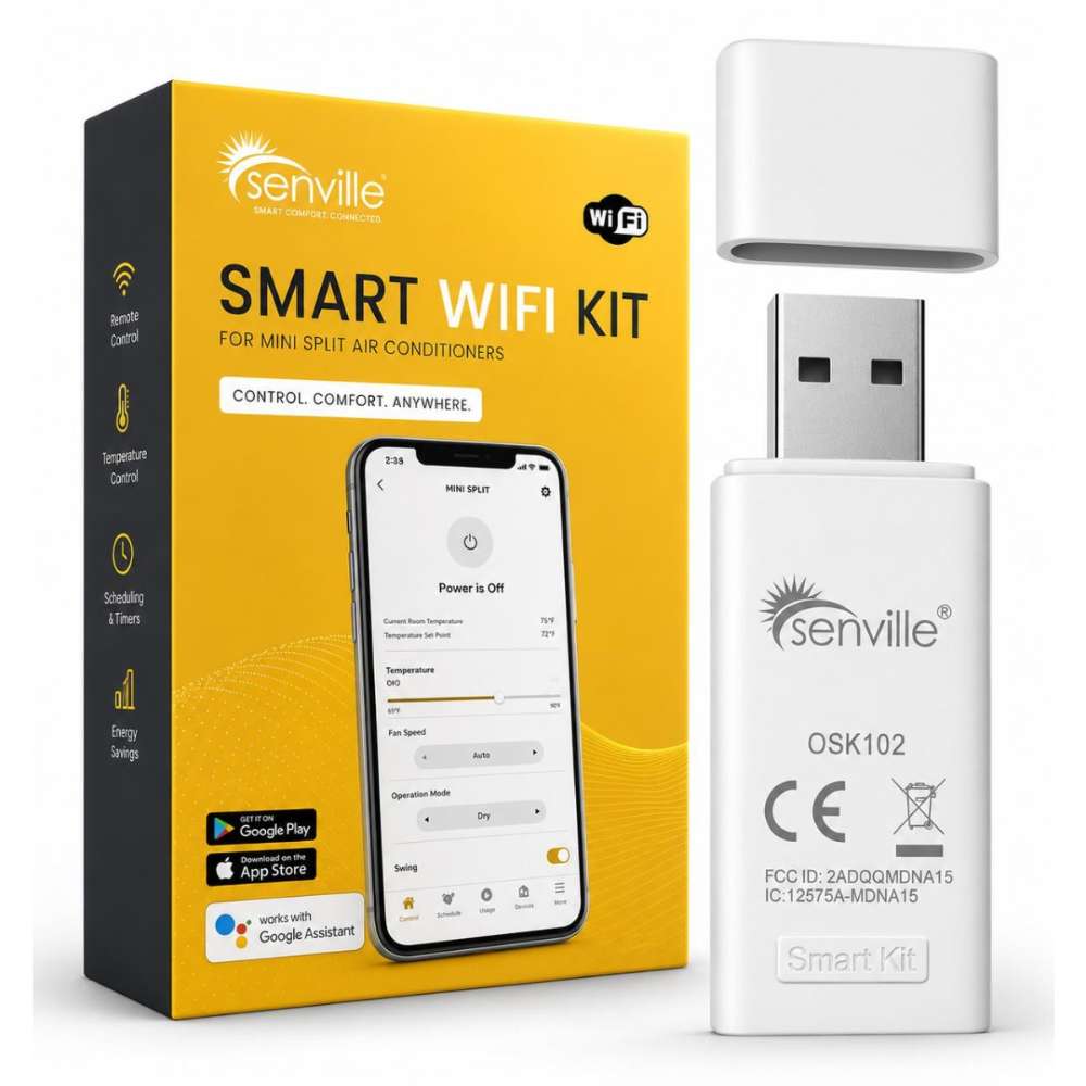 Senville Smart WiFi Kit for iOS and Android includes the retail box, a USB WiFi adapter, and a smartphone app for remote mini split control