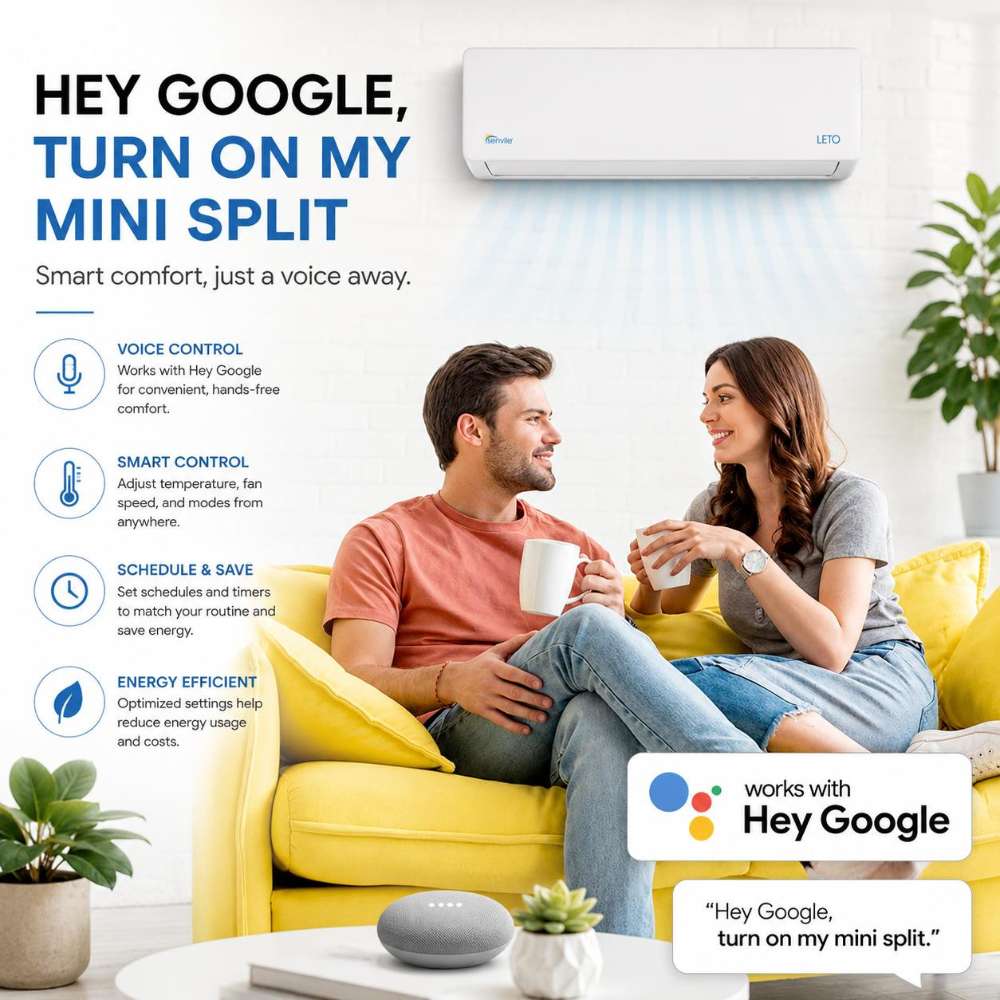 Senville Smart WiFi Kit for iOS and Android lets users control a wall-mounted mini split with Google Assistant voice commands while relaxing in a living room