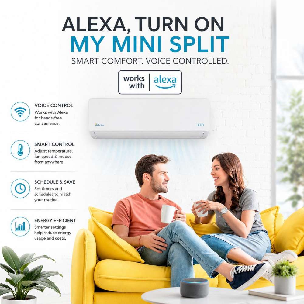 Senville Smart WiFi USB Kit for Mini Split, Works with Alexa lets homeowners control a wall-mounted mini split with voice commands while relaxing in a bright living room
