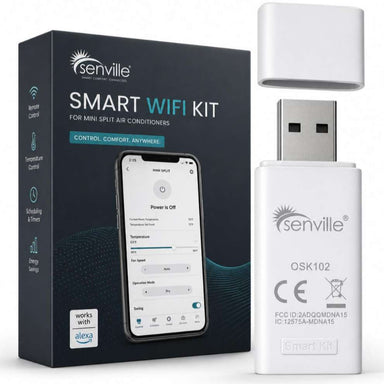 Senville Smart WiFi USB Kit for Mini Split, Works with Alexa package includes the USB WiFi adapter, protective cap, and retail box with app-based smart control features