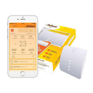 Senville WiFi Remote Control for Mini Split by AirPatrol shown with a smartphone app, WiFi hub, and product packaging for smart AC control