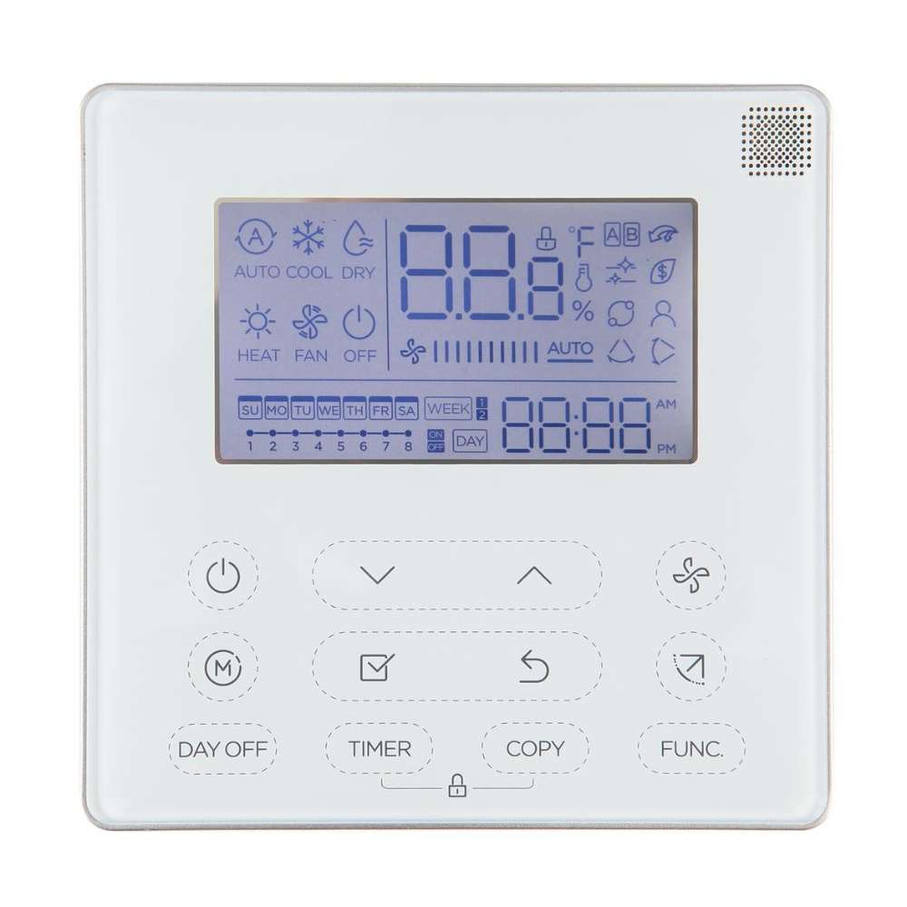 Senville Wired Remote Control Thermostat with a large backlit LCD display, touch buttons, and multiple HVAC mode icons