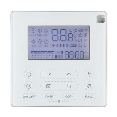 Senville Wired Remote Control Thermostat with a large backlit LCD display, touch buttons, and multiple HVAC mode icons