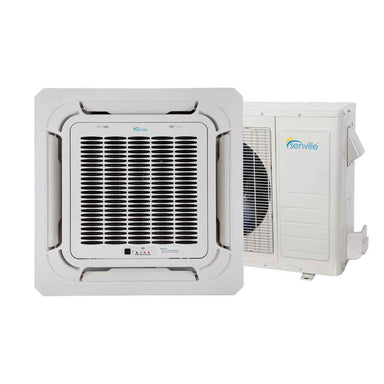 Senville 12000 BTU Ceiling Cassette Air Conditioner - Heat Pump - SENA12HFIC includes both the ceiling cassette indoor unit and the outdoor condenser