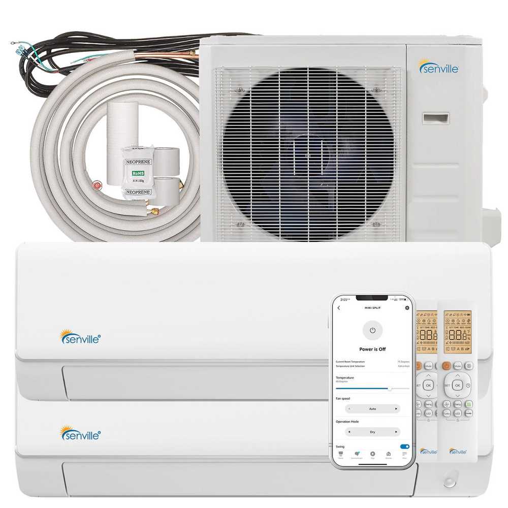 Senville 18000 BTU Dual Zone Mini Split Air Conditioner - Heat Pump - SENA18HFD comes with two indoor units, an outdoor condenser, remote controls, copper lines, and app control via smartphone