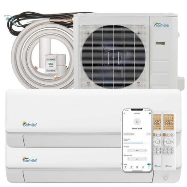 Senville 18000 BTU Dual Zone Mini Split Air Conditioner - Heat Pump - SENA18HFD comes with two indoor units, an outdoor condenser, remote controls, copper lines, and app control via smartphone