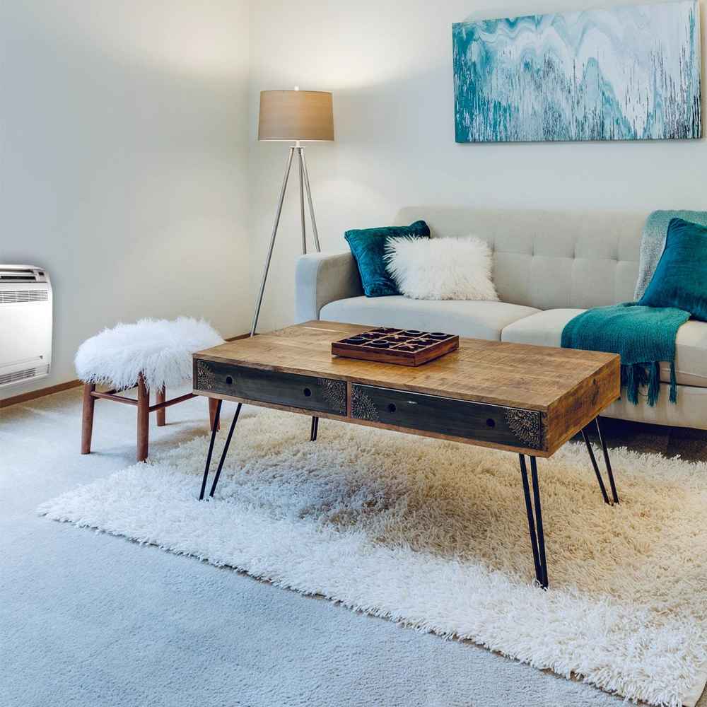 Senville 18000 BTU Floor Mounted Mini Split Air Conditioner - Heat Pump - SENA18HFIF installed in a cozy living room beside a sofa and wooden coffee table
