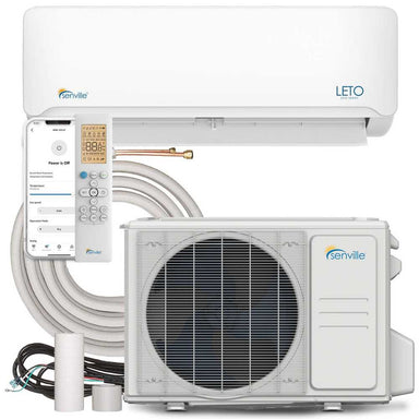 Senville 24000 BTU Mini Split Air Conditioner - Heat Pump - SENL24CD shows the indoor and outdoor units, remote control, smartphone app interface, and all connection accessories