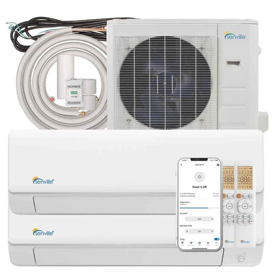 Senville 28000 BTU Dual Zone Mini Split Air Conditioner - Heat Pump - SENA30HFD with two indoor units, one outdoor unit, accessories, and a smartphone control app