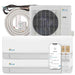 Senville 28000 BTU Dual Zone Mini Split Air Conditioner - Heat Pump - SENA30HFD with two indoor units, one outdoor unit, accessories, and a smartphone control app