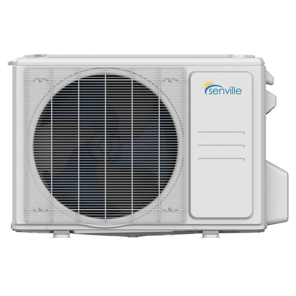 Senville 9000 BTU Mini Split Air Conditioner - Heat Pump - SENL09CD110V outdoor unit features a large fan behind a protective grille in a sturdy white metal casing