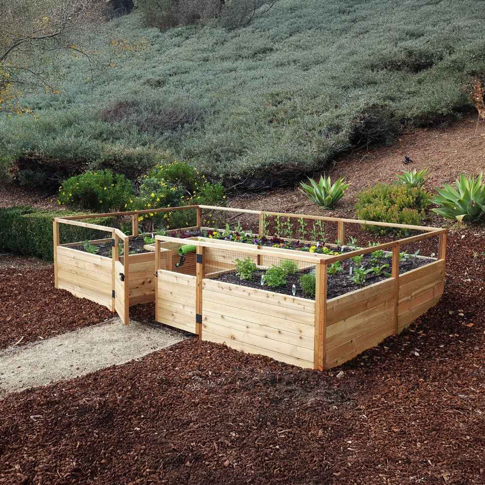 Set on a mulched hill path, the Outdoor Living Today 12×8 Raised Garden Bed blooms with neat rows of garden vegetables