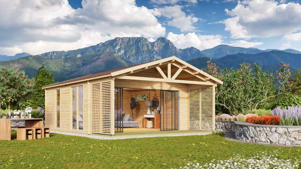 Set against a mountain backdrop, the GardenHouse24 USA ALU Concept Arosa 70C Garden Room appears nestled in a lush garden with flowers and trees