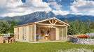 Set against a mountain backdrop, the GardenHouse24 USA ALU Concept Arosa 70C Garden Room appears nestled in a lush garden with flowers and trees