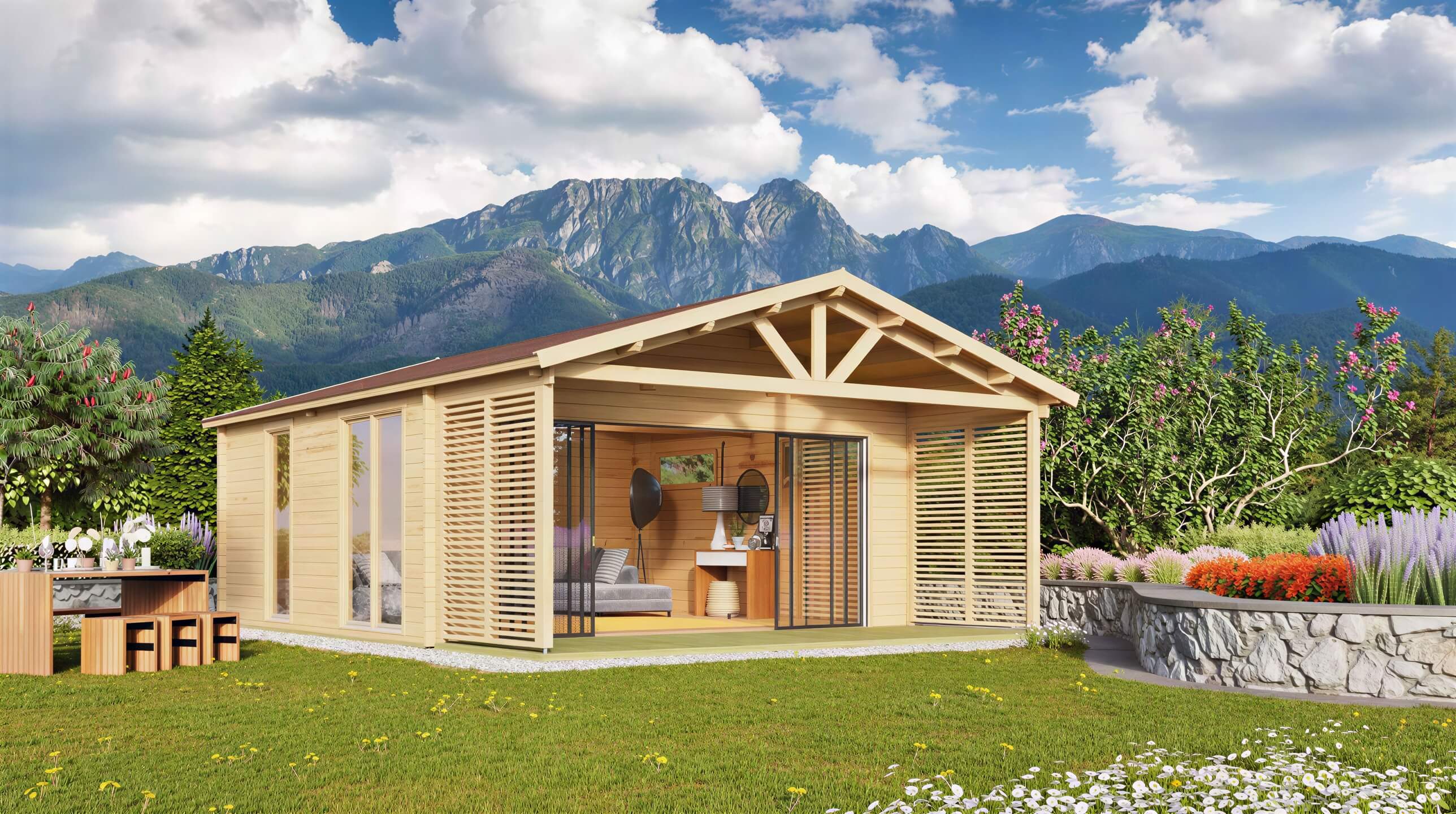 Set against a mountain backdrop, the GardenHouse24 USA ALU Concept Arosa 70C Garden Room appears nestled in a lush garden with flowers and trees