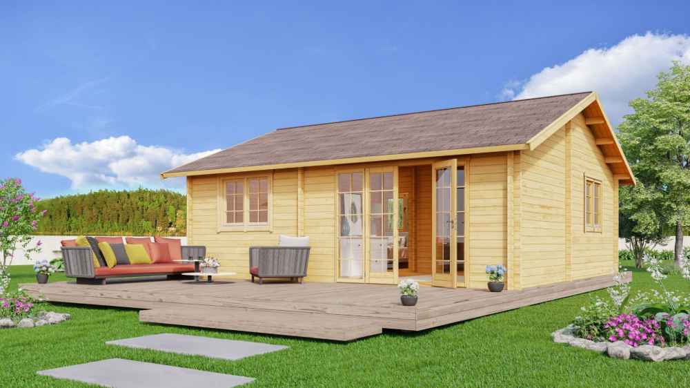 Set in a blooming backyard, the GardenHouse24 USA Skive 70 Garden Room features a wide wooden deck, soft yellow wood exterior, and large glass doors that invite natural light