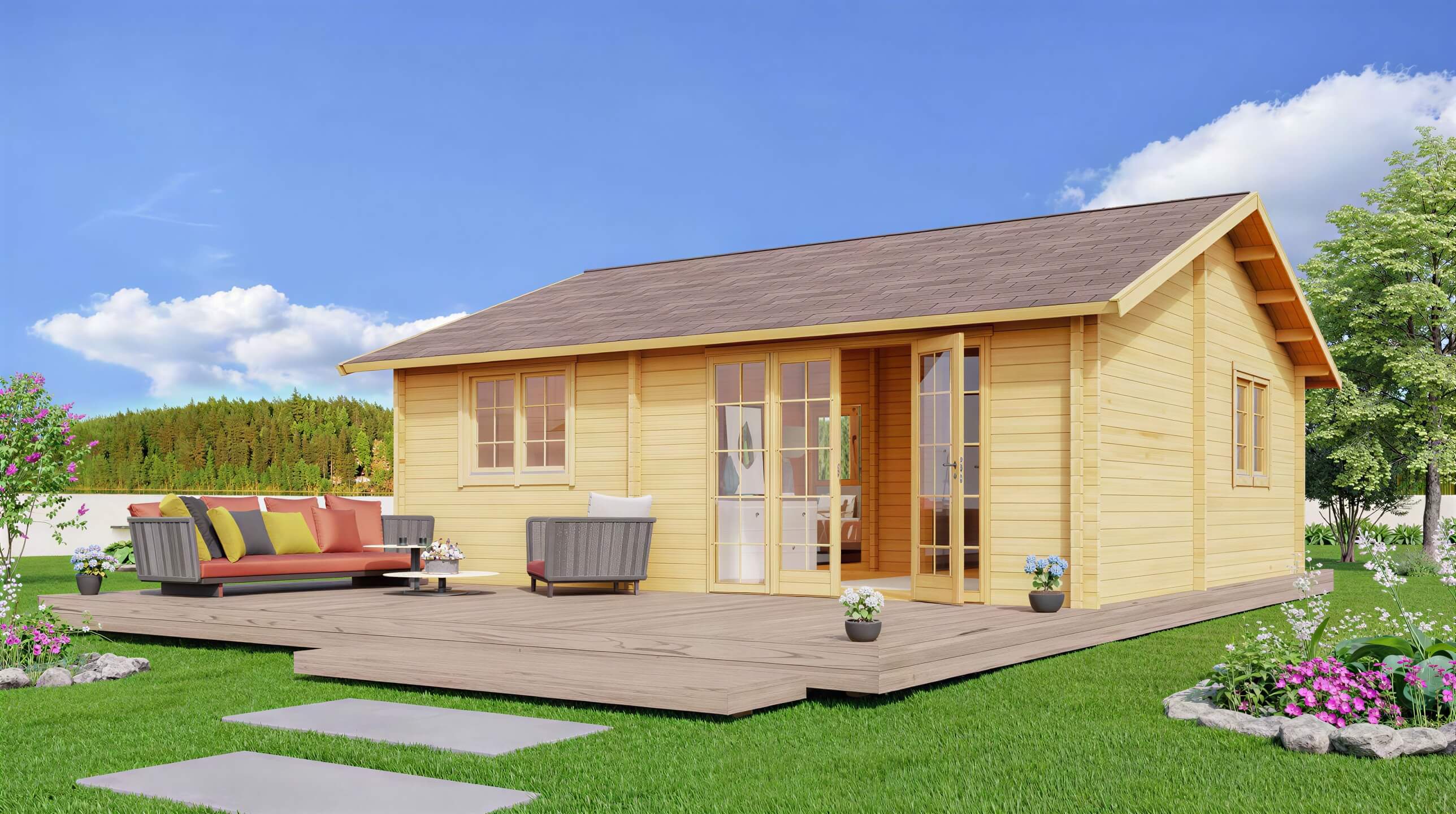 Set in a blooming backyard, the GardenHouse24 USA Skive 70 Garden Room features a wide wooden deck, soft yellow wood exterior, and large glass doors that invite natural light