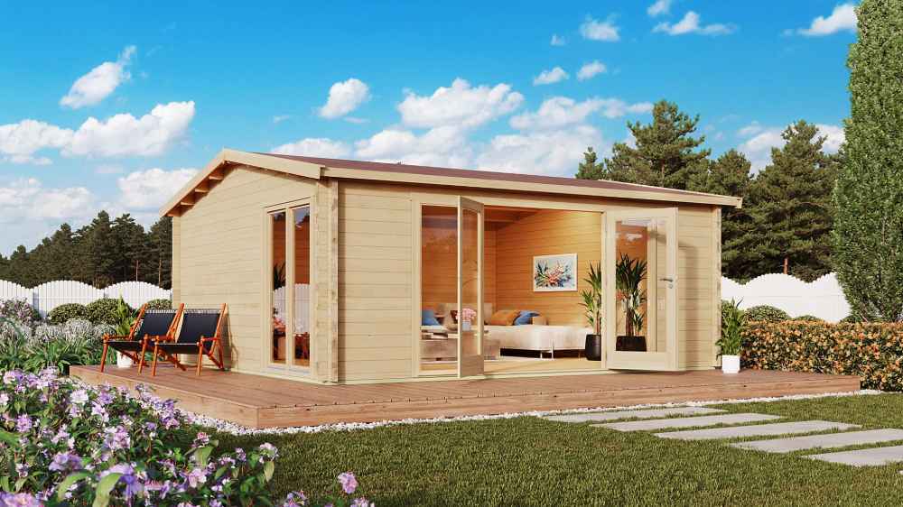 Set in a landscaped garden with flowers and a blue sky, the GardenHouse24 USA Davos 44B Garden Room features large glass doors and deck chairs outside