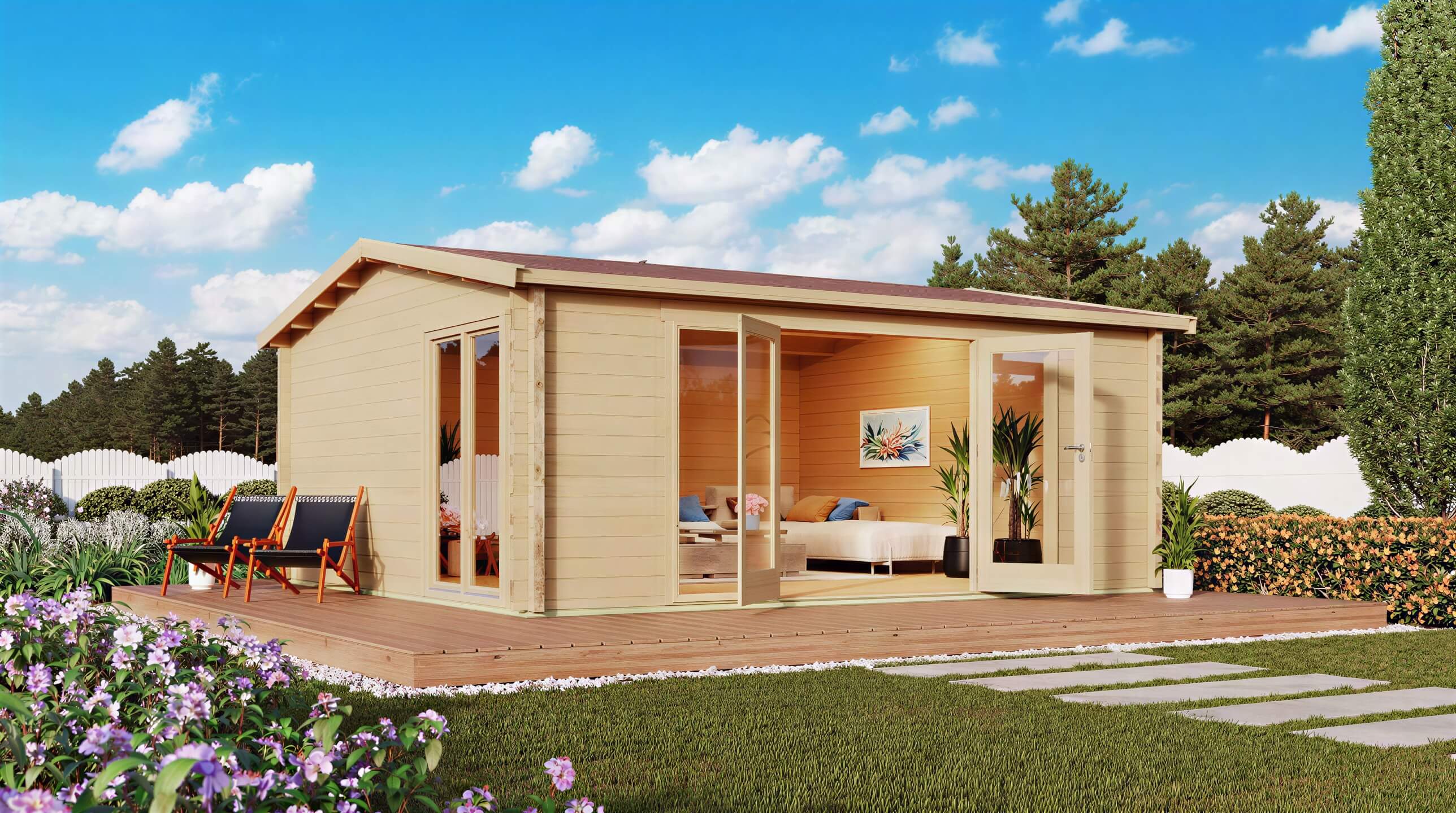 Set in a landscaped garden with flowers and a blue sky, the GardenHouse24 USA Davos 44B Garden Room features large glass doors and deck chairs outside
