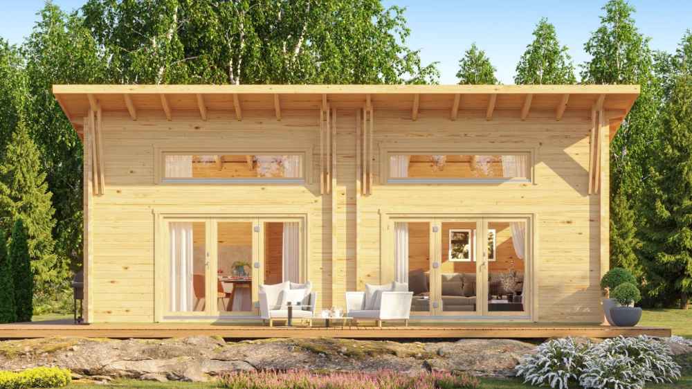 Set in a lush forest clearing, the GardenHouse24 USA Darcy 70 Garden Room features large front windows and a spacious double-door entrance