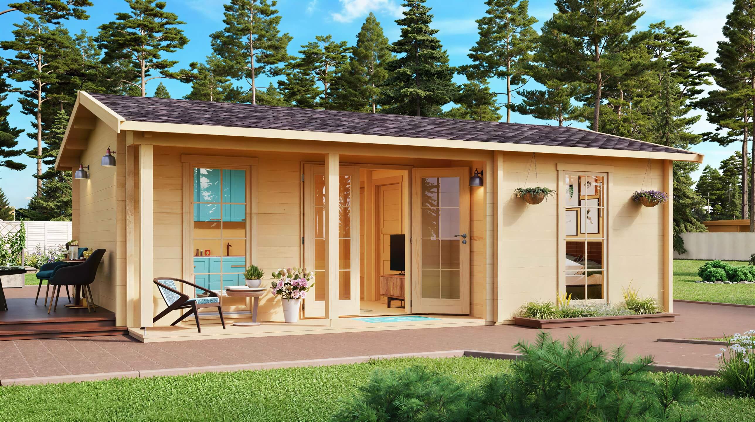 Set in a lush forested area, the GardenHouse24 USA Lilja 90 Garden Room glows warmly with large glass doors, potted plants, and soft lighting