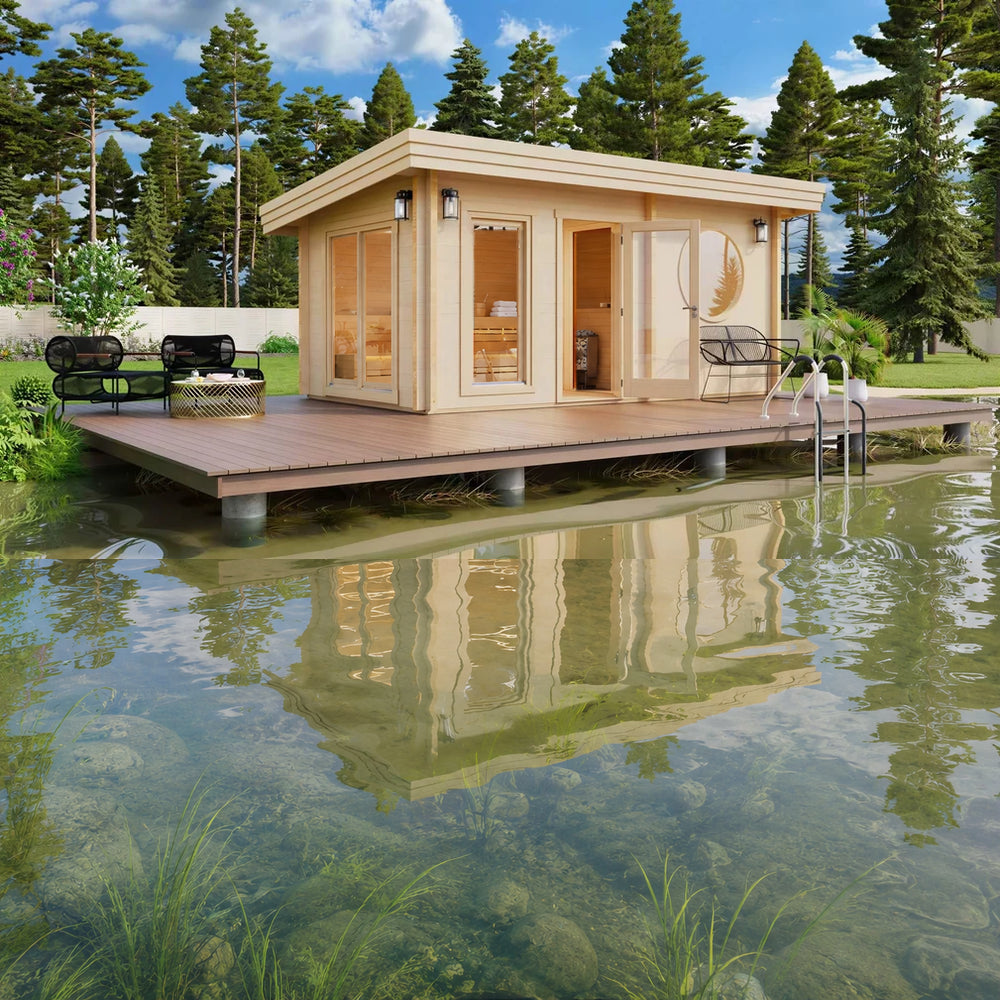 Set in a lush garden, the GardenHouse24 USA Sauna Sahib 70 Garden Room features large windows, warm lighting, and a round wooden wall detail, creating a peaceful retreat