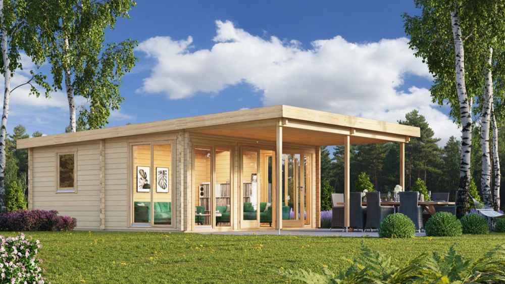 Set in a lush garden, the GardenHouse24 USA Taunus 70 VD Garden Room features large windows and a shaded patio perfect for entertaining