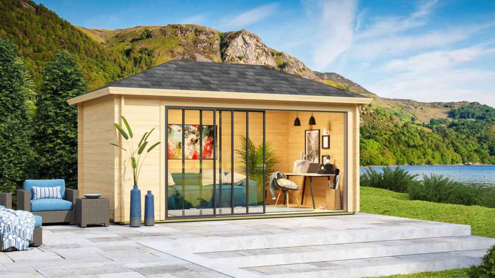Set in a scenic lakeside environment, the GardenHouse24 USA Pavilion ALU 44D Garden Room is styled as a cozy and artistic workspace