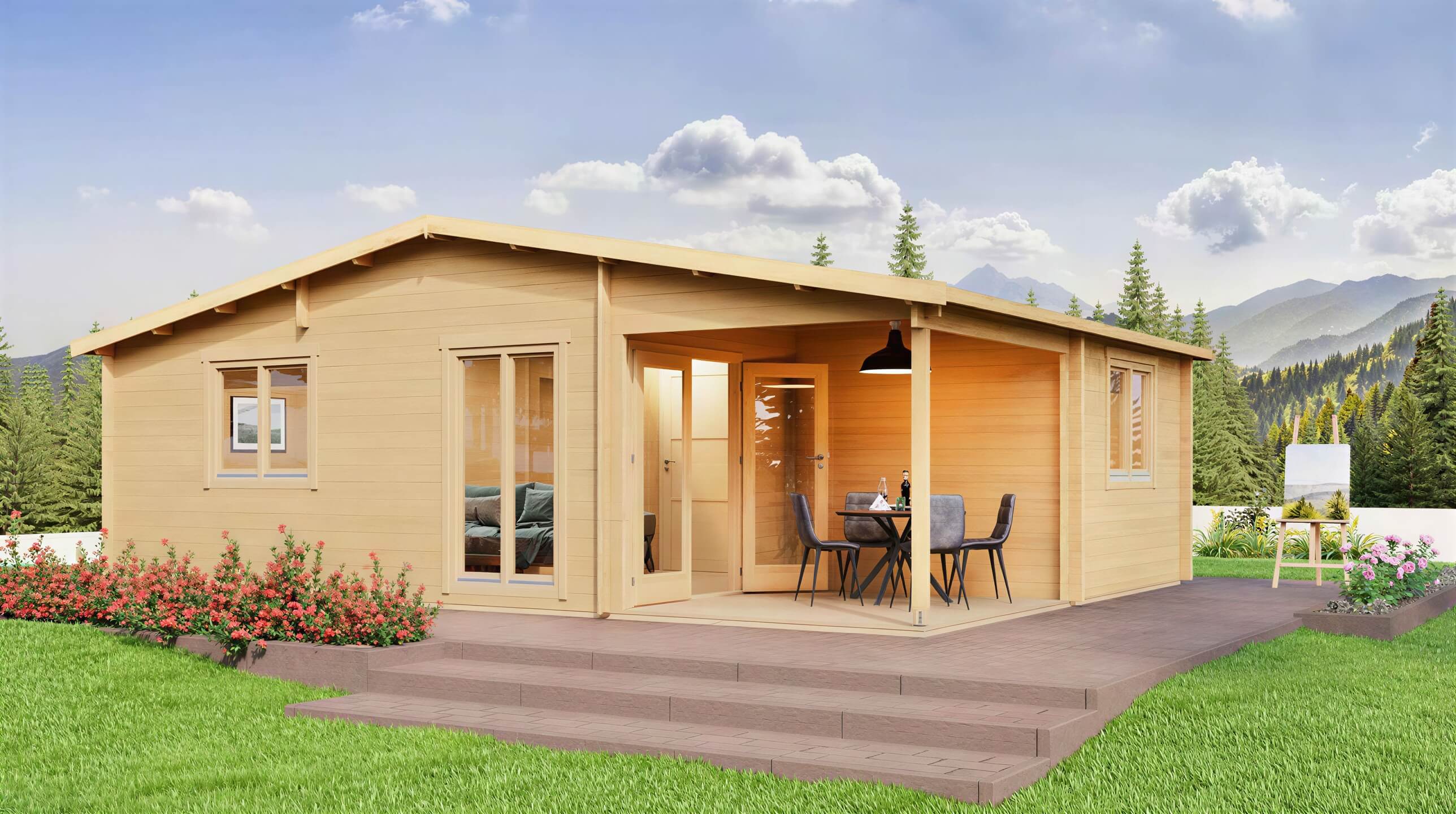 Set in a scenic mountain background, the GardenHouse24 USA Skanderborg 44 Garden Room features a stylish covered porch and vibrant landscaping