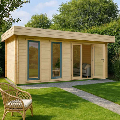 Set in lush greenery, the GardenHouse24 USA Miriam 70B Modern Garden Room features modern blue-trimmed windows and an open door revealing a sofa inside
