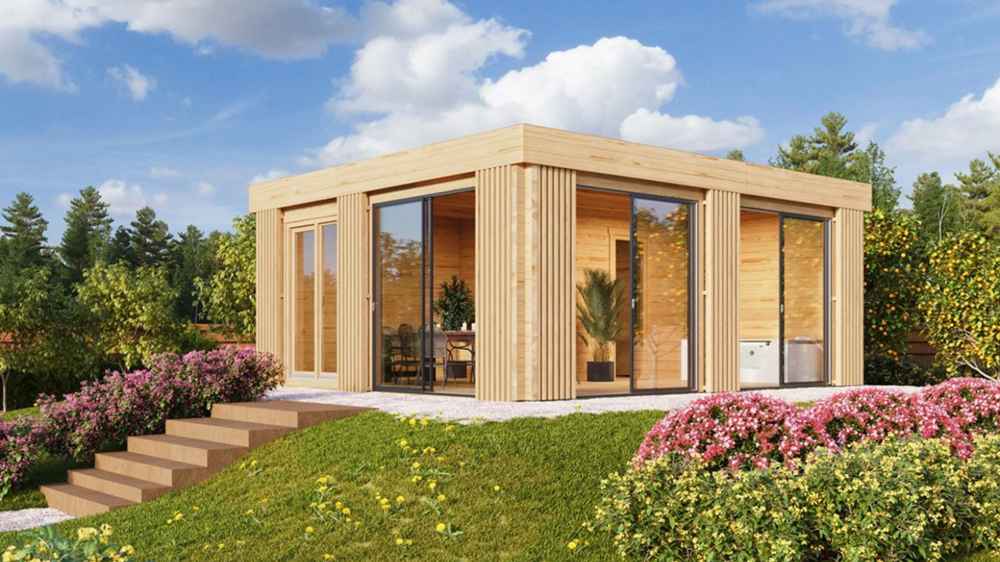 Set on a small hill with garden steps, the GardenHouse24 USA Sauna Dolce 70 Garden Room blends modern wood styling with nature-friendly landscaping
