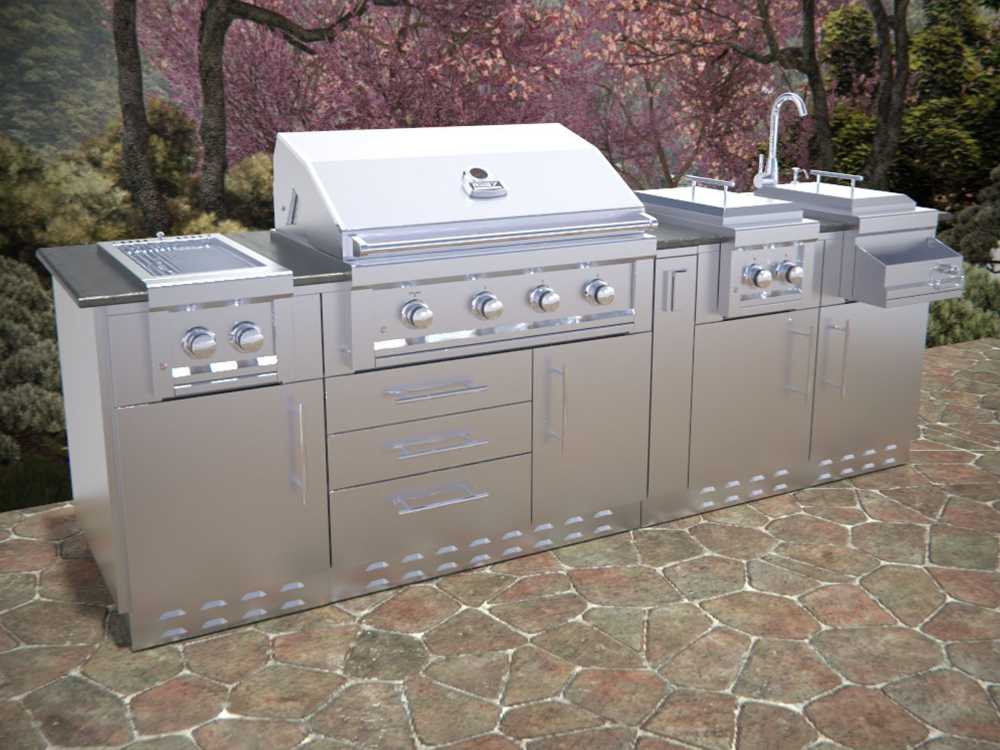 Set in a beautiful outdoor patio, the Sunstone Austin 9ft Outdoor Grill & Cabinet Island Package is fully assembled with a sear zone, grill, burners, sink, and storage cabinets