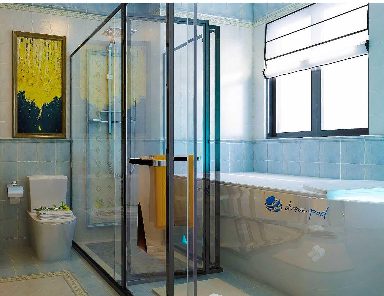 Set in a luxurious bathroom, the Dreampod Mineral Soaker is positioned beside a glass-enclosed shower with blue-tiled walls and upscale decor