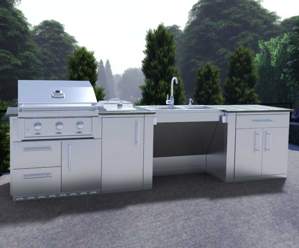 Set on a smooth patio, the Sunstone Cabana 10.7ft ADA Compliant Outdoor Grill & Cabinet Island Package showcases its full stainless steel layout against a lush green backdrop
