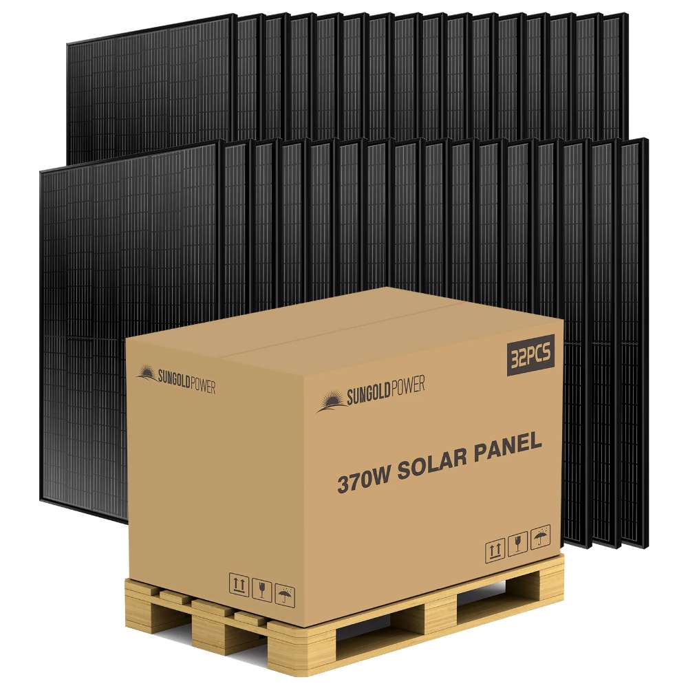 Shipping pallet holds 32 panels from Sun Gold Power 370W Mono Black PERC Solar Panel Full Pallet (32 Panels) beside its branded packaging box