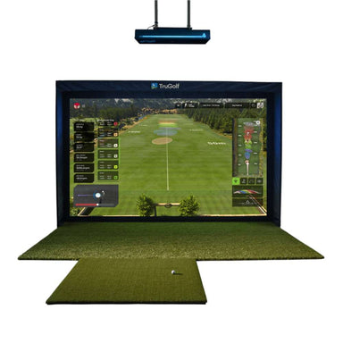 Shot flight paths and distance data are displayed by TruGolf APOGEE Golf Launch Monitor w/ MAX 4K Simulator over a virtual golf course