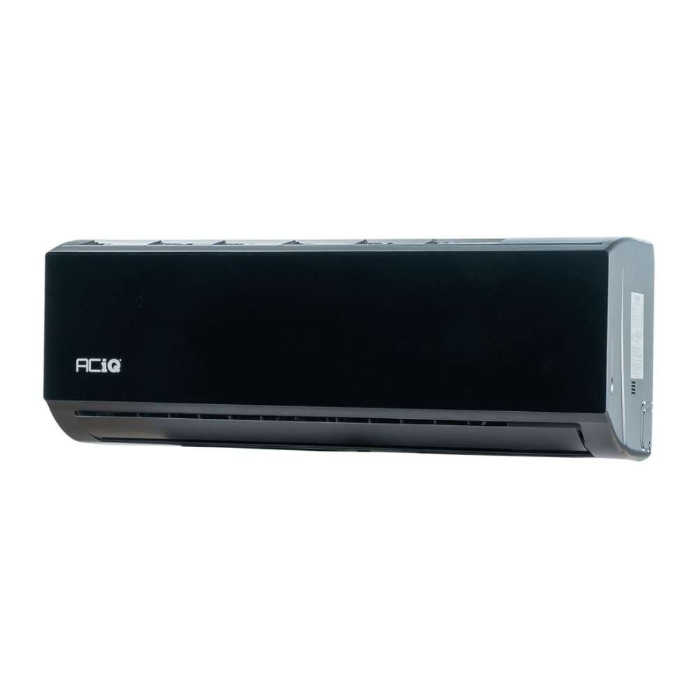 Shown at an angle on a white background, the black indoor wall unit belongs to ACiQ 9000 BTU Essentials 21 SEER2 Single Zone Wall Mount Mini Split Heat Pump System