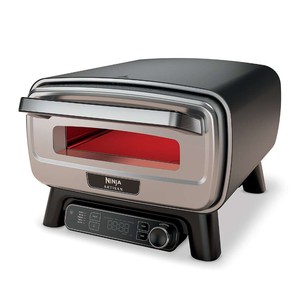 Shown from an angled front view, Ninja Artisan 5-in-1 Portable Electric Pizza & Outdoor Oven has a viewing window and digital control panel